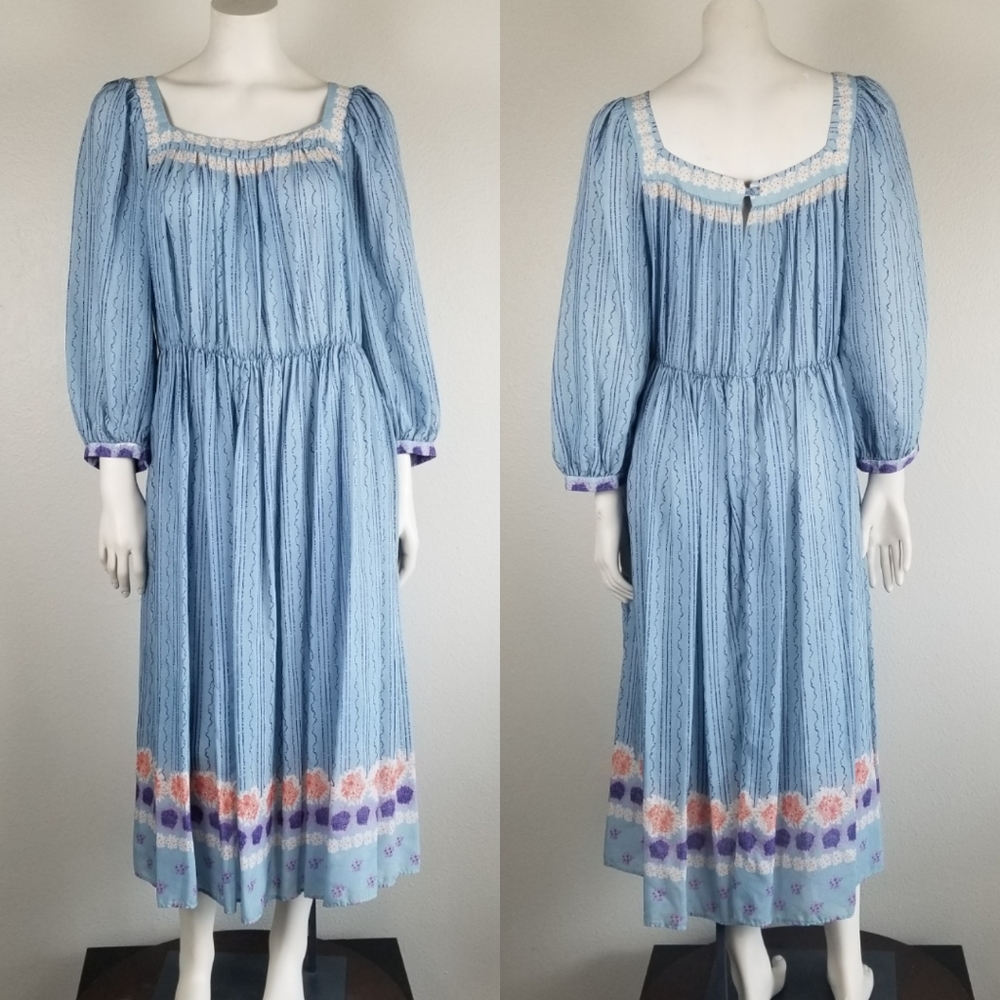 Vintage 70s Jean Jourdan Paris Prarie Peasant Cottagecore Blue Floral Midi Dress